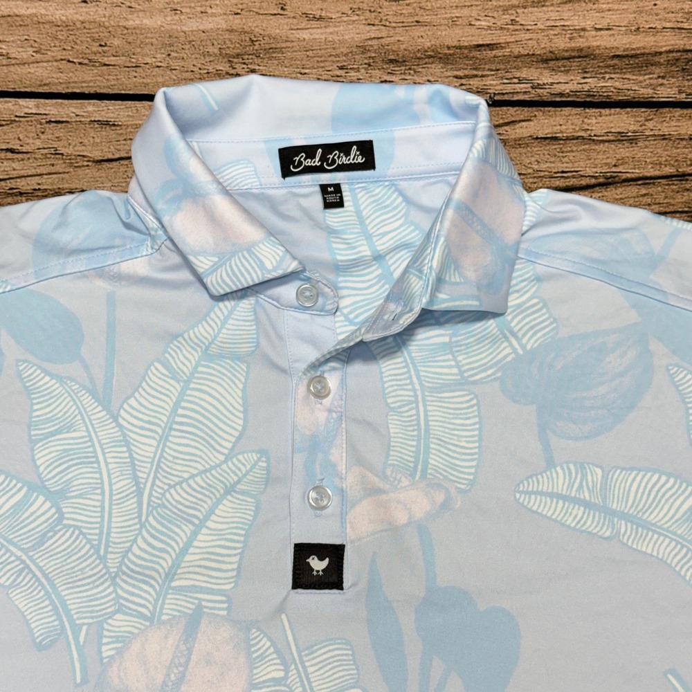 Bad Birdie Golf Polo Men Medium Light Blue Tropical Leaf Print Performance Top